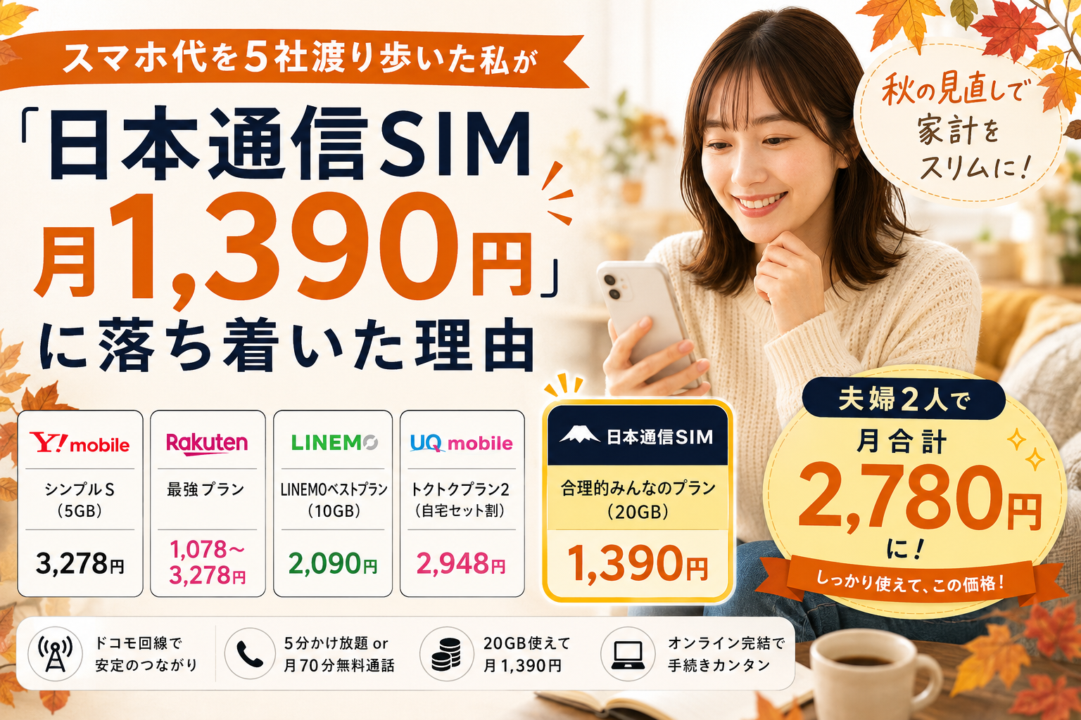 スマホ代を5社渡り歩いた私が「日本通信SIM 月1,390円」に落ち着いた理由